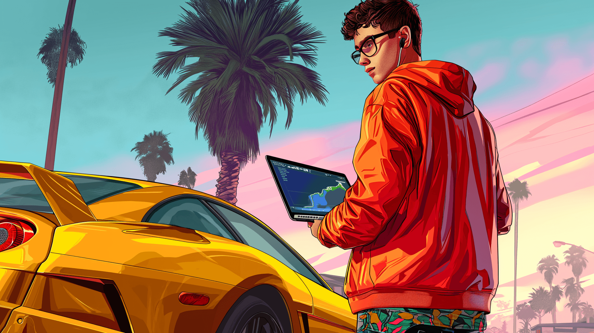 Imagem de fundo rapaz de moletom laranja ao lado de um carro